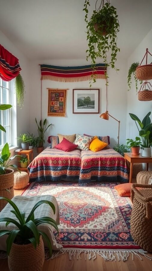 A cozy bohemian bedroom with vibrant textiles, plants, and warm tones.