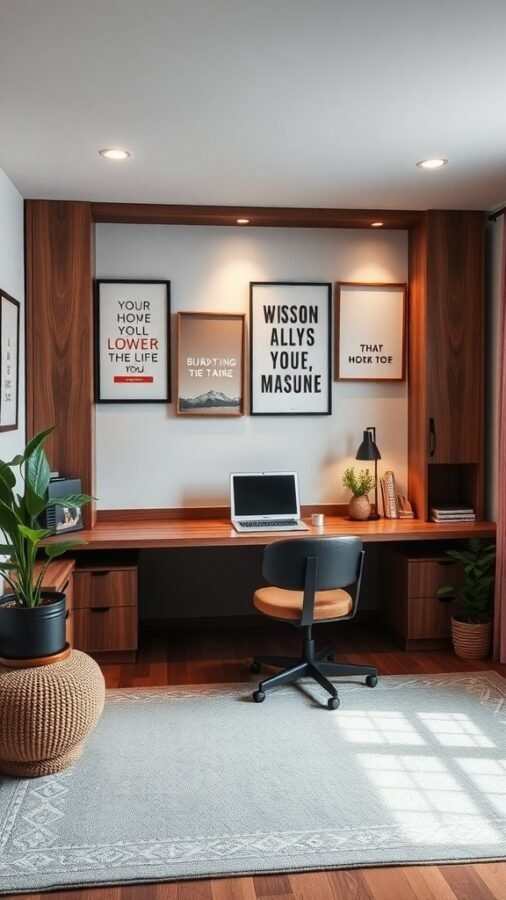 A modern home office with creative wall art, including framed quotes and plants.