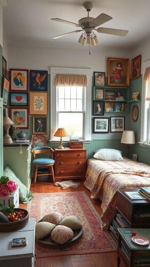 A cozy bedroom featuring a mix of vintage decor, framed artwork on the walls, a quilted bedspread, and a warm wooden nightstand.
