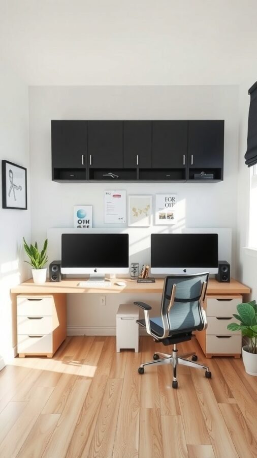 15 Creative Small Home Office Ideas for Maximum Productivity 11 A small office with two computer setups, light wood desk, black cabinets, and plants.