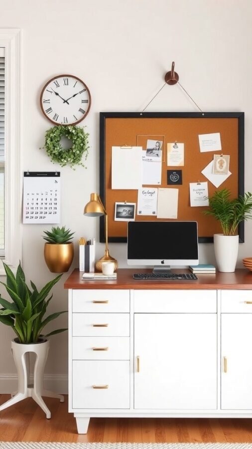 A well-organized home office with a desk, computer, corkboard, calendar, and plants.