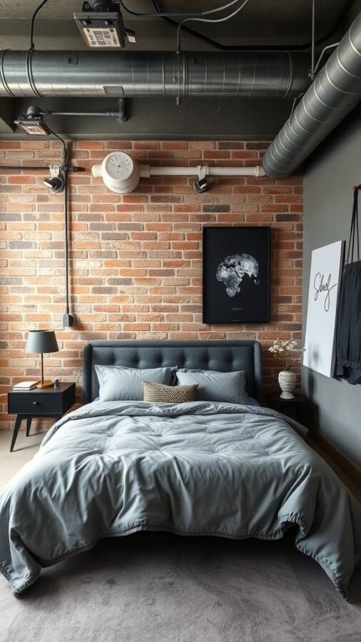 A chic industrial style grey bedroom featuring an exposed brick wall, a tufted grey bed, and minimalist decor.