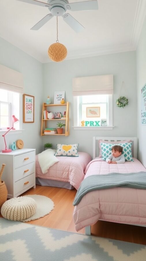 A cozy family-friendly guest bedroom with two beds, playful decor, and a warm atmosphere.