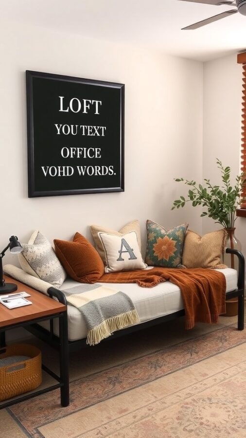 17 Stylish Home Office Guest Room Combos for Ultimate Efficiency 6 A stylish daybed with decorative pillows and a workspace beside it, featuring a lamp and paperwork.
