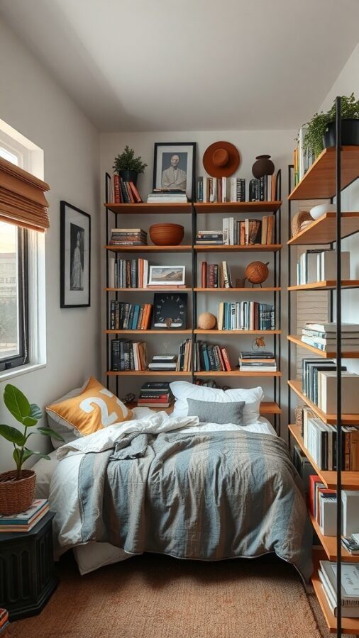A small bedroom featuring tall shelves filled with books and decorative items, alongside a neatly made bed.
