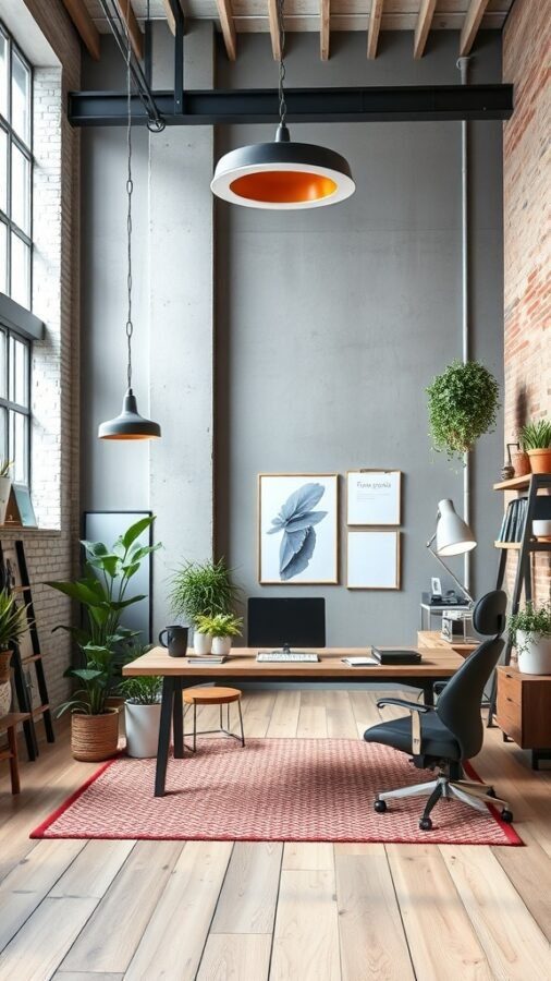 17 Inspiring Home Office Ideas for Men 17 A stylish urban loft home office featuring a wooden desk, modern chair, plants, and artwork.