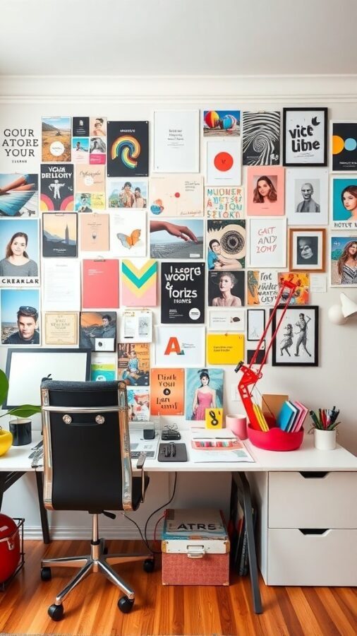 12 Stylish Home Office Ideas for Women 3 A colorful inspiration wall with various artworks and quotes in a home office setting.