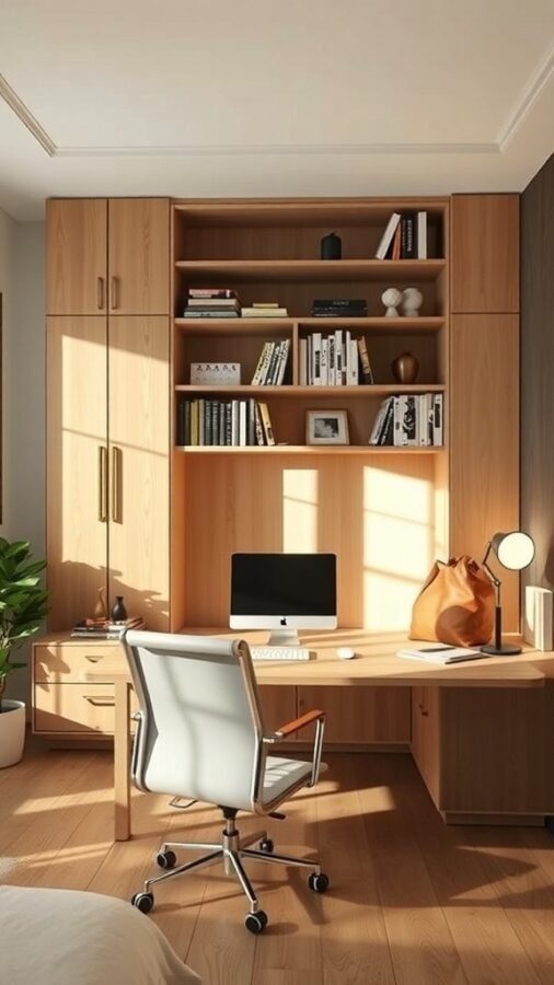 A modern office space with a wooden desk, shelves filled with books, and a comfortable chair, designed for multi-functional use.