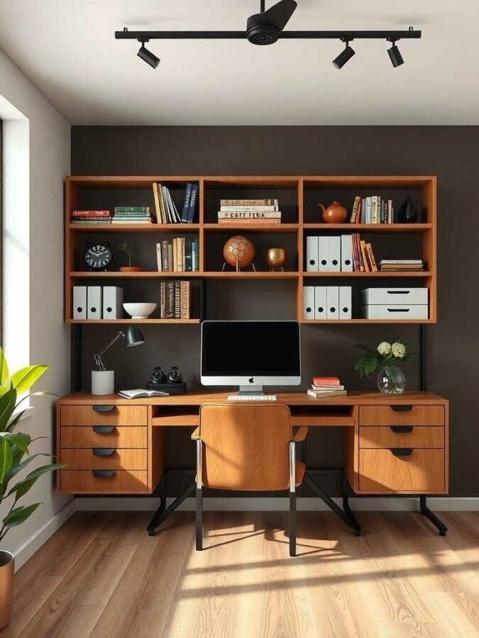 Modern home office with a stylish desk and creative storage solutions