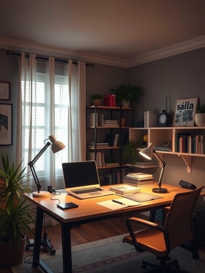A modern home office with a desk, laptop, task lamps, and plants, showcasing effective lighting for focus.