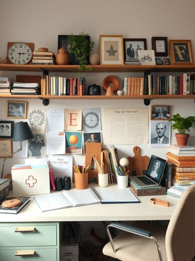 A cozy home office with bookshelves, plants, and personal decor.