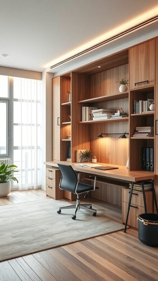A modern office setup featuring a wooden desk, shelves, and a comfortable chair, showcasing smart technology integration.