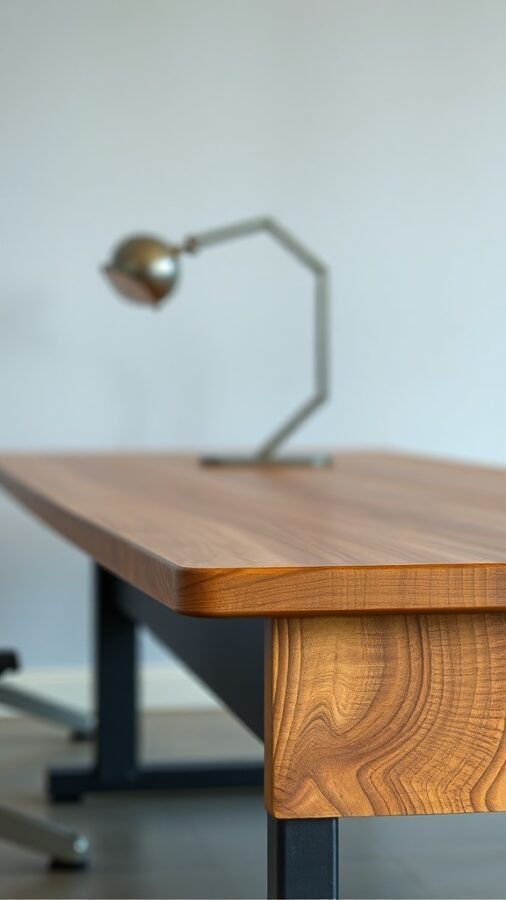A close-up view of a wooden desk with a metal base and a stylish lamp.