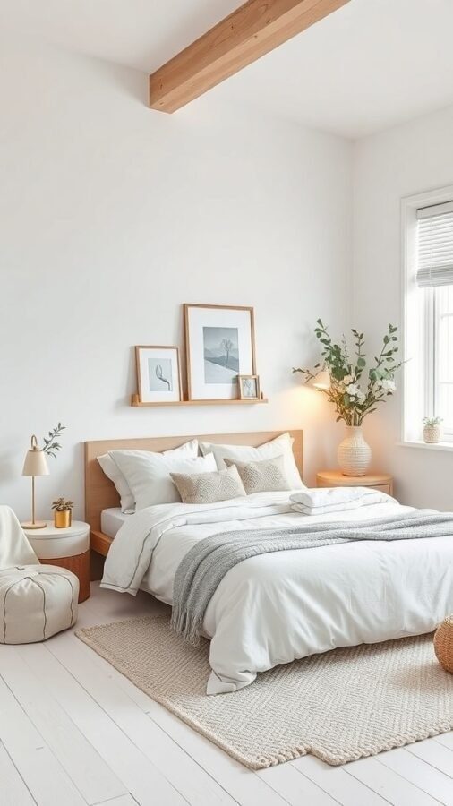 14 Stunning White Bedroom Ideas for a Dreamy Retreat 4 A cozy Scandinavian style white bedroom featuring a wooden bed frame, soft bedding, and minimal decor.