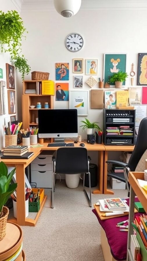 12 Stylish Home Office Ideas for Women 2 A cozy artistic crafting corner in a home office with colorful supplies, wall art, and plants.