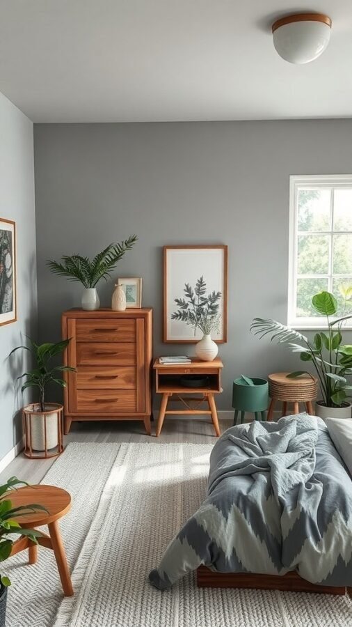 A grey bedroom featuring wooden furniture, plants, and nature-themed artwork.