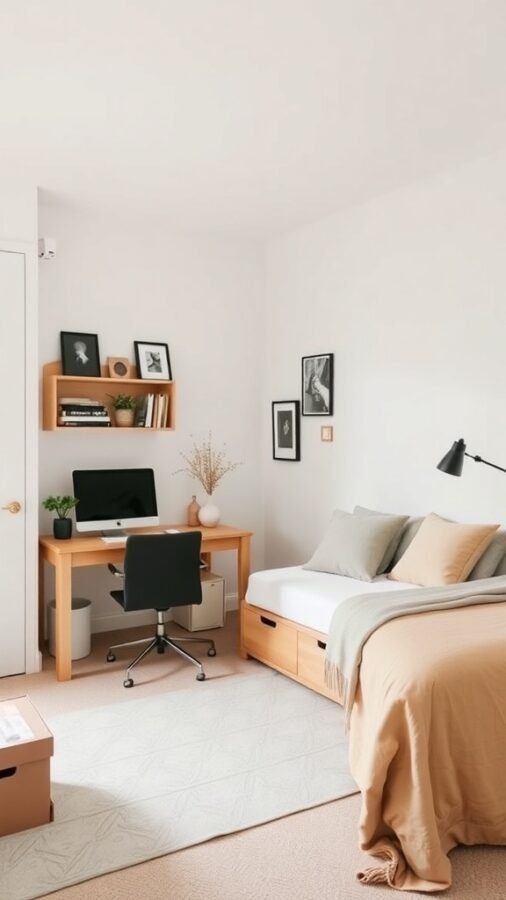 17 Stylish Home Office Guest Room Combos for Ultimate Efficiency 14 A cozy home office guest room combo featuring a desk with a computer, a bed with built-in storage, and decorative shelves.