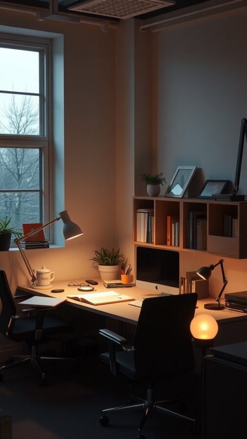 A cozy small home office with a desk, computer, and warm lighting