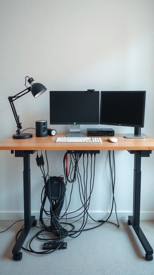 A standing desk with multiple devices and tangled cables.