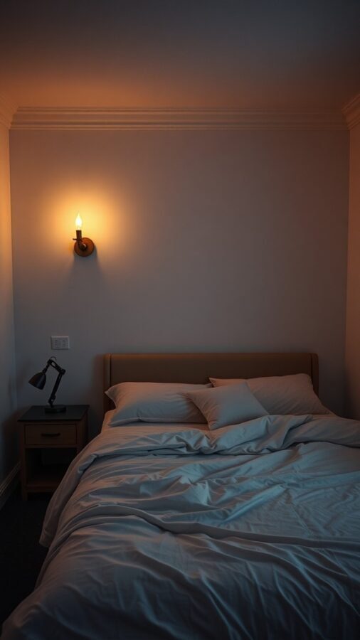 A cozy bedroom with soft lighting from a wall sconce and a bedside lamp.