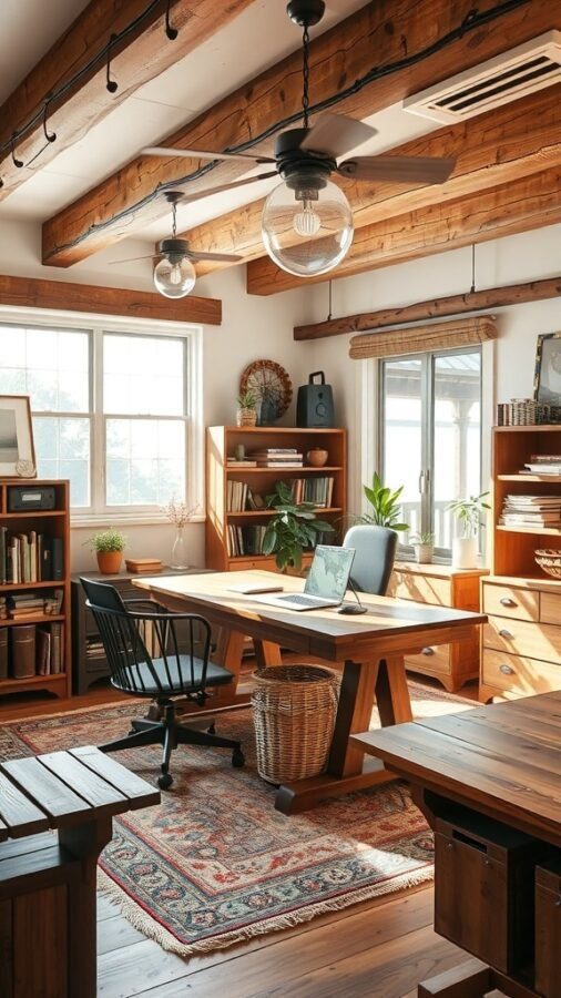 17 Inspiring Home Office Ideas for Men 6 A rustic home office featuring wooden beams, a large wooden desk, black chair, and bookshelves filled with books and decor.
