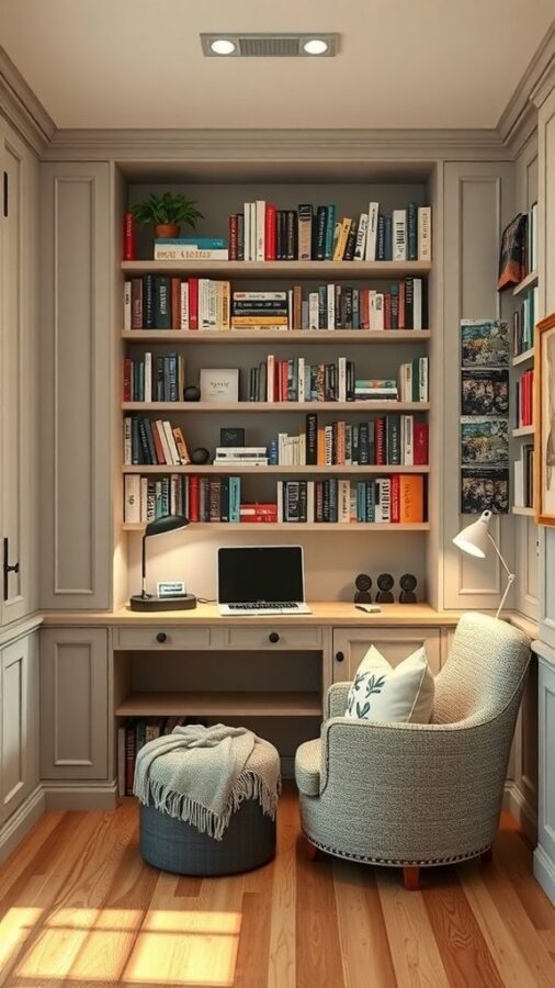 Cozy reading nook with a chair, ottoman, bookshelves, and a desk