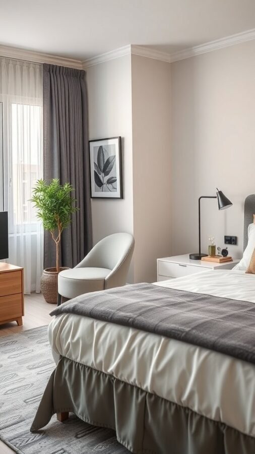 17 Stylish Home Office Guest Room Combos for Ultimate Efficiency 12 A cozy home office guest room with a bed, chair, and desk lamp, showcasing a blend of comfort and functionality.