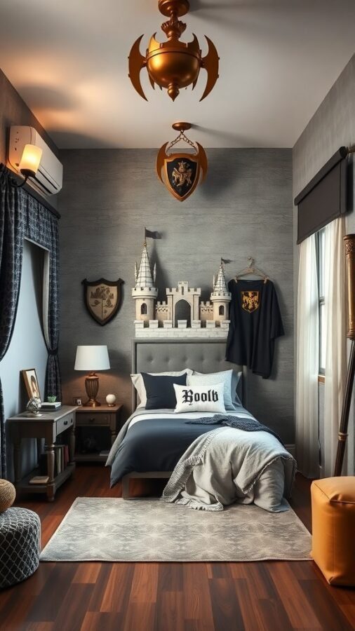 A fantasy castle-themed bedroom with knight decor featuring a castle headboard, knight shields on the walls, and cozy bedding.