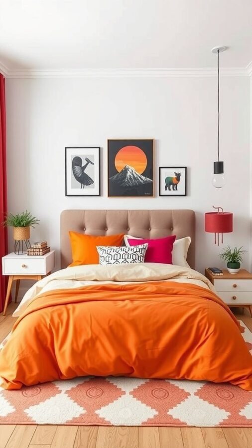 A stylish bedroom featuring bold color accents with orange bedding, colorful pillows, and vibrant wall art.
