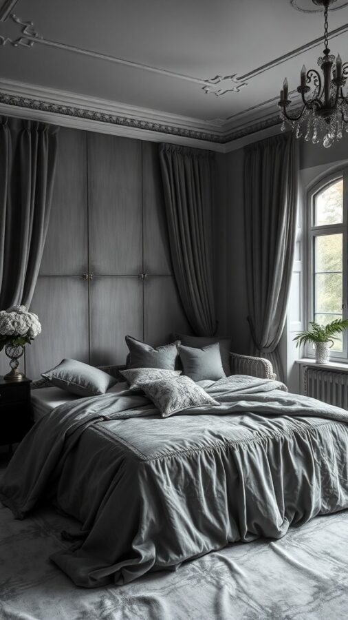 A luxurious grey bedroom featuring soft bedding, elegant curtains, and a chandelier.
