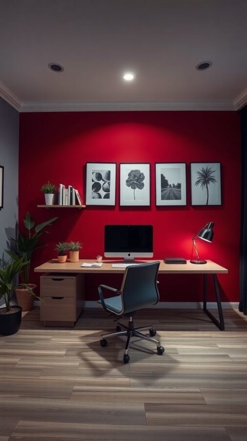 A home office featuring a bold red accent wall, a wooden desk, and black and white artwork.