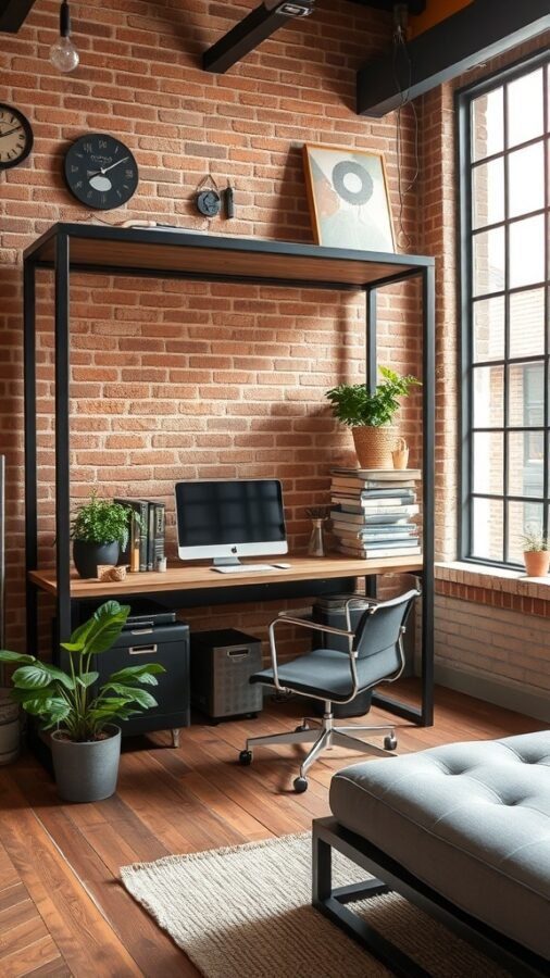 An industrial chic office space featuring a metal frame desk, wooden accents, and a brick wall.