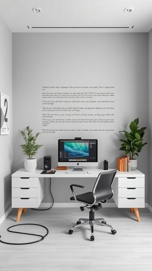 Modern home office setup with a sleek desk, computer, and plants.