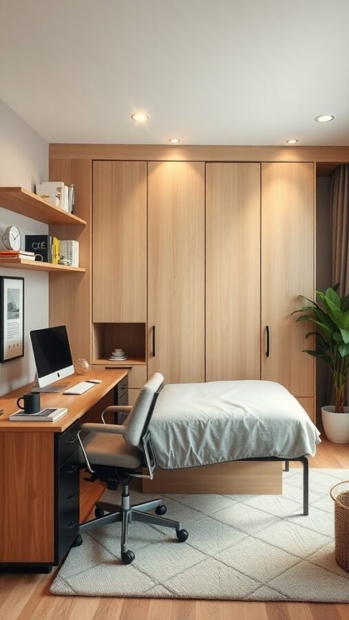 A modern home office with a murphy bed, featuring warm wood tones, a desk with a computer, and a cozy atmosphere.