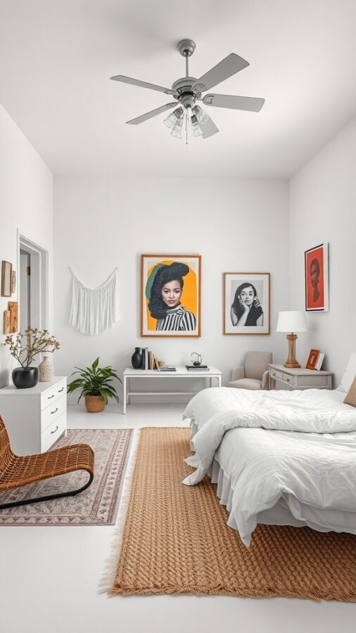 14 Stunning White Bedroom Ideas for a Dreamy Retreat 11 A bright white bedroom featuring colorful artwork, cozy furniture, and a woven rug.