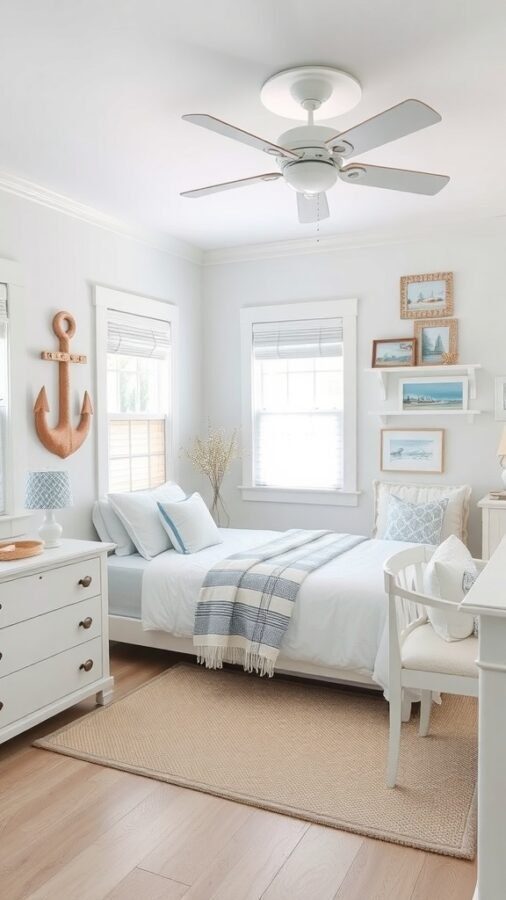 A serene coastal-themed guest bedroom featuring white linens, blue accents, and nautical decor.