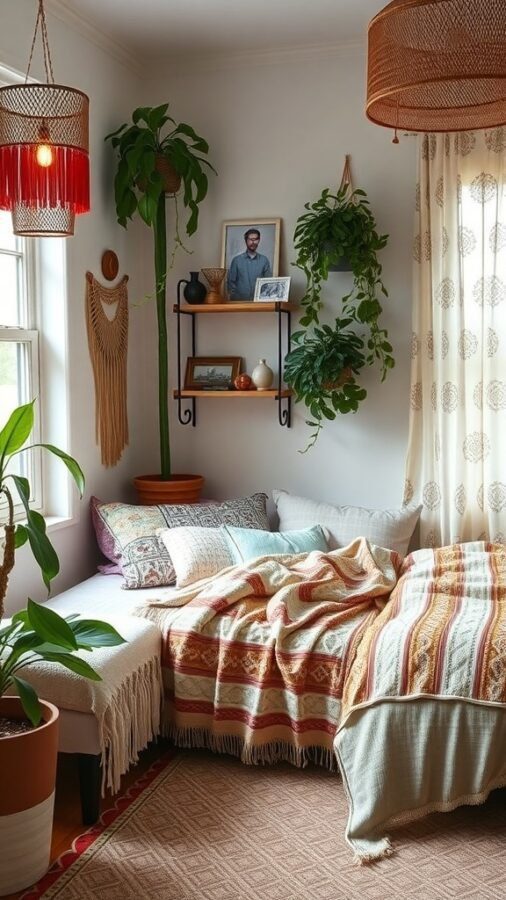 A cozy bohemian chic bedroom featuring layered bedding, plants, and woven decor elements.
