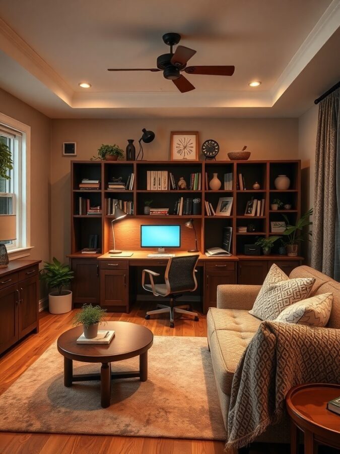A cozy modern home office with wooden furniture, a computer desk, bookshelves, and a comfortable sofa.