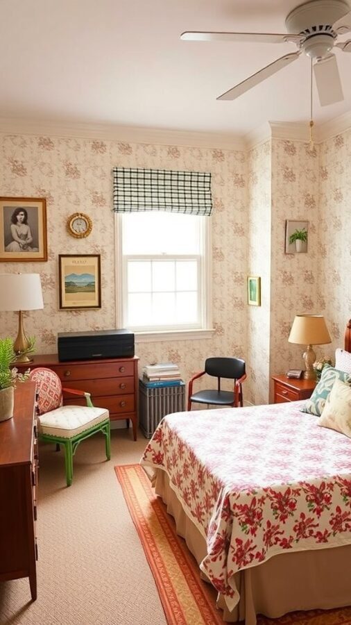 A cozy guest bedroom featuring floral wallpaper, a quilted bedspread, and vintage furniture.