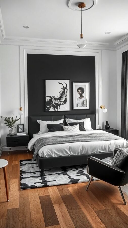 A stylish bedroom featuring a monochrome palette with a black accent wall, modern furniture, and artistic decor.