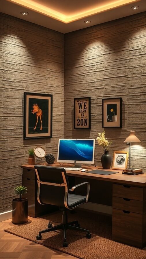 A cozy home office with textured walls, a wooden desk, and modern decor.