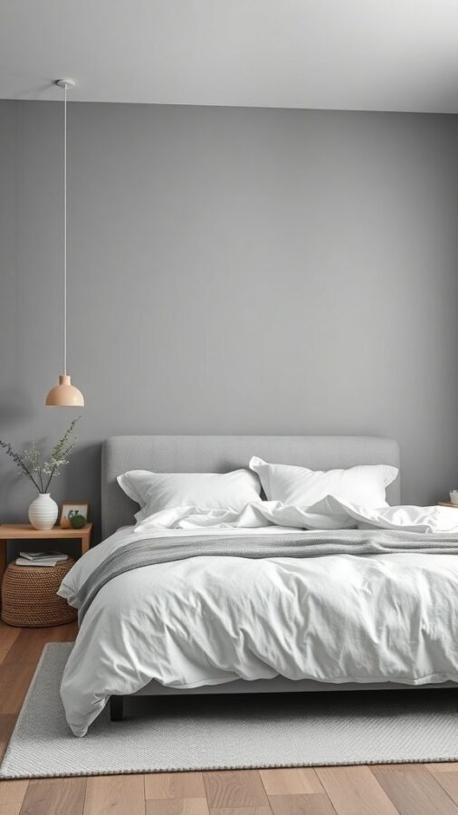 A contemporary Scandinavian bedroom featuring grey walls, a light bed frame, and minimalist decor.