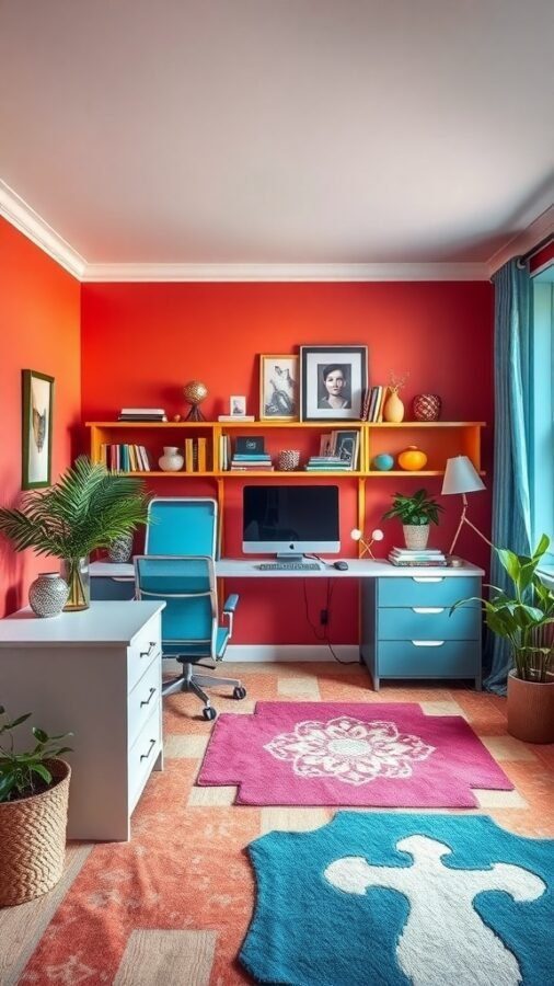 A vibrant home office with red walls, orange shelves, blue furniture, and colorful rugs.