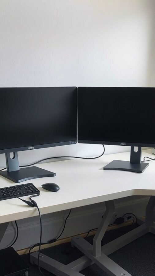A dual monitor setup on a desk with visible cables underneath.