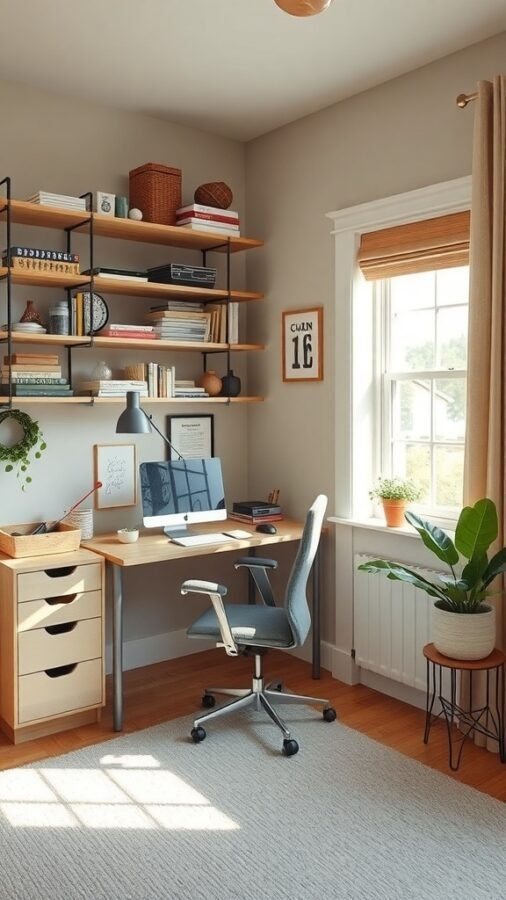 17 Stylish Home Office Guest Room Combos for Ultimate Efficiency 7 A cozy home office with vertical shelves, a desk, and a comfortable chair, showcasing effective use of space.