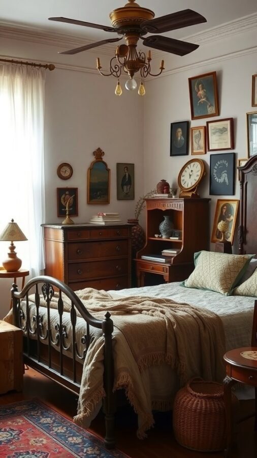 A vintage eclectic bedroom featuring a metal bed frame, framed art on the walls, a wooden dresser, and cozy decor.