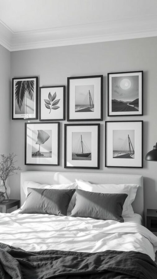 A stylish monochrome gallery wall featuring black and white framed artwork above a neatly made bed.