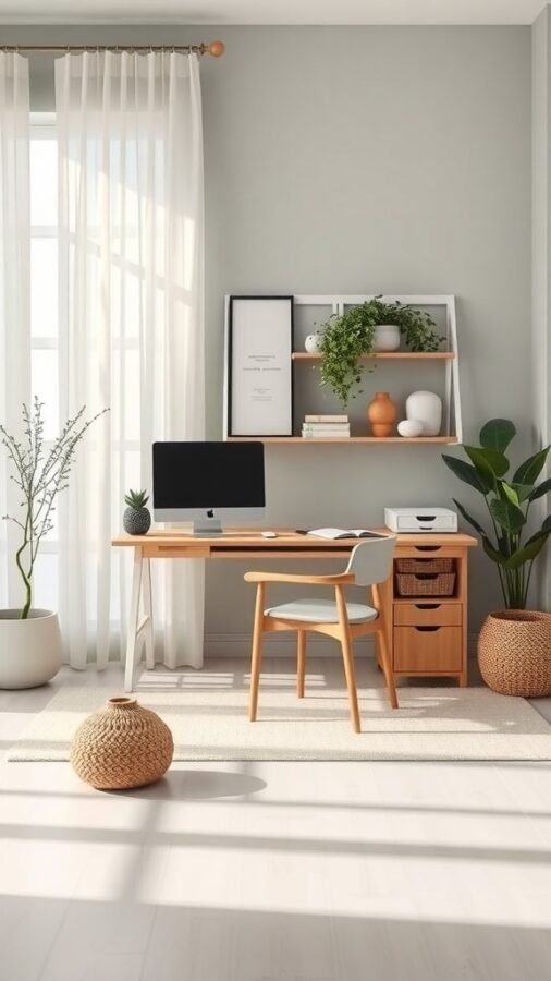 A serene home office with a wooden desk, computer, plants, and natural light.