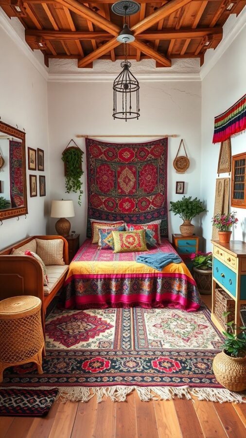 A cozy bedroom featuring a colorful bedspread, intricate rugs, plants, and a wooden ceiling, embodying a Bohemian chic style.
