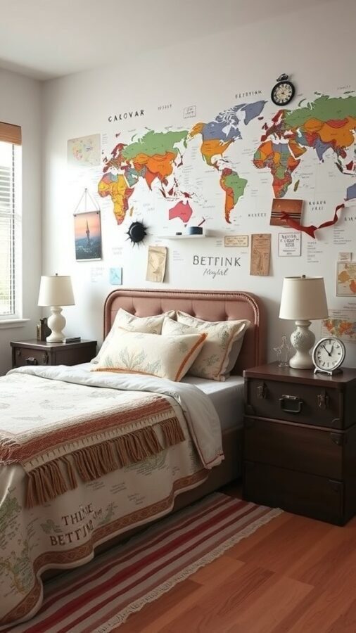 A cozy bedroom featuring a world map on the wall, travel-themed decor, and a comfortable bed.